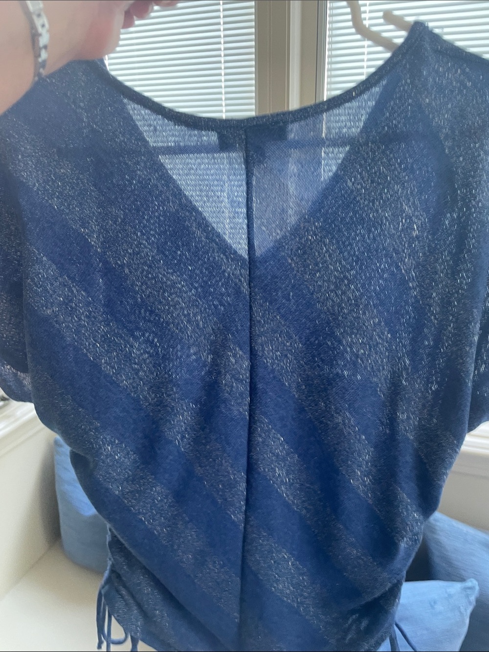 BCX Blue Metallic Stripe V-Neck Ruched Short Sleeve Top - Picture 3 of 6